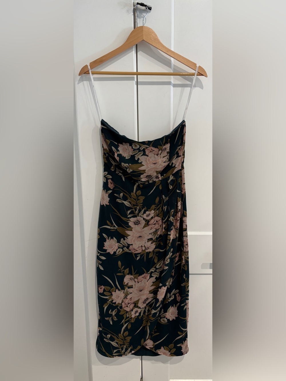 Green and Blush Floral Strapless Sweetheart Tulip Midi Dress. Size L - Picture 3 of 12